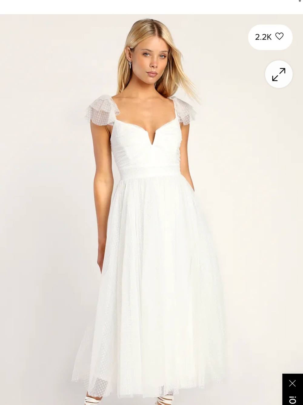 Lulu’s Flirtatious Feeling White Tulle Flutter Sleeve A-Line bridal Midi Dress